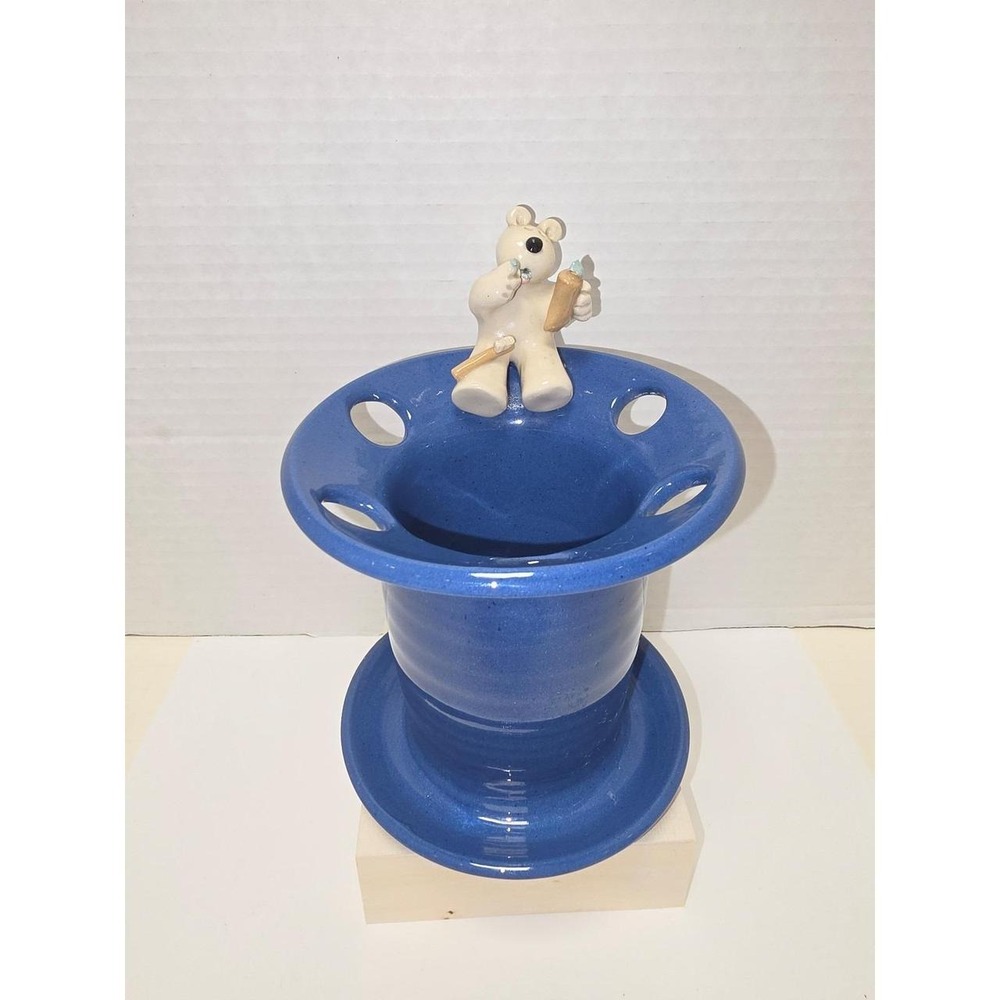 Vintage handmade blue ceramic toothbrush holder Polar bear toothpaste